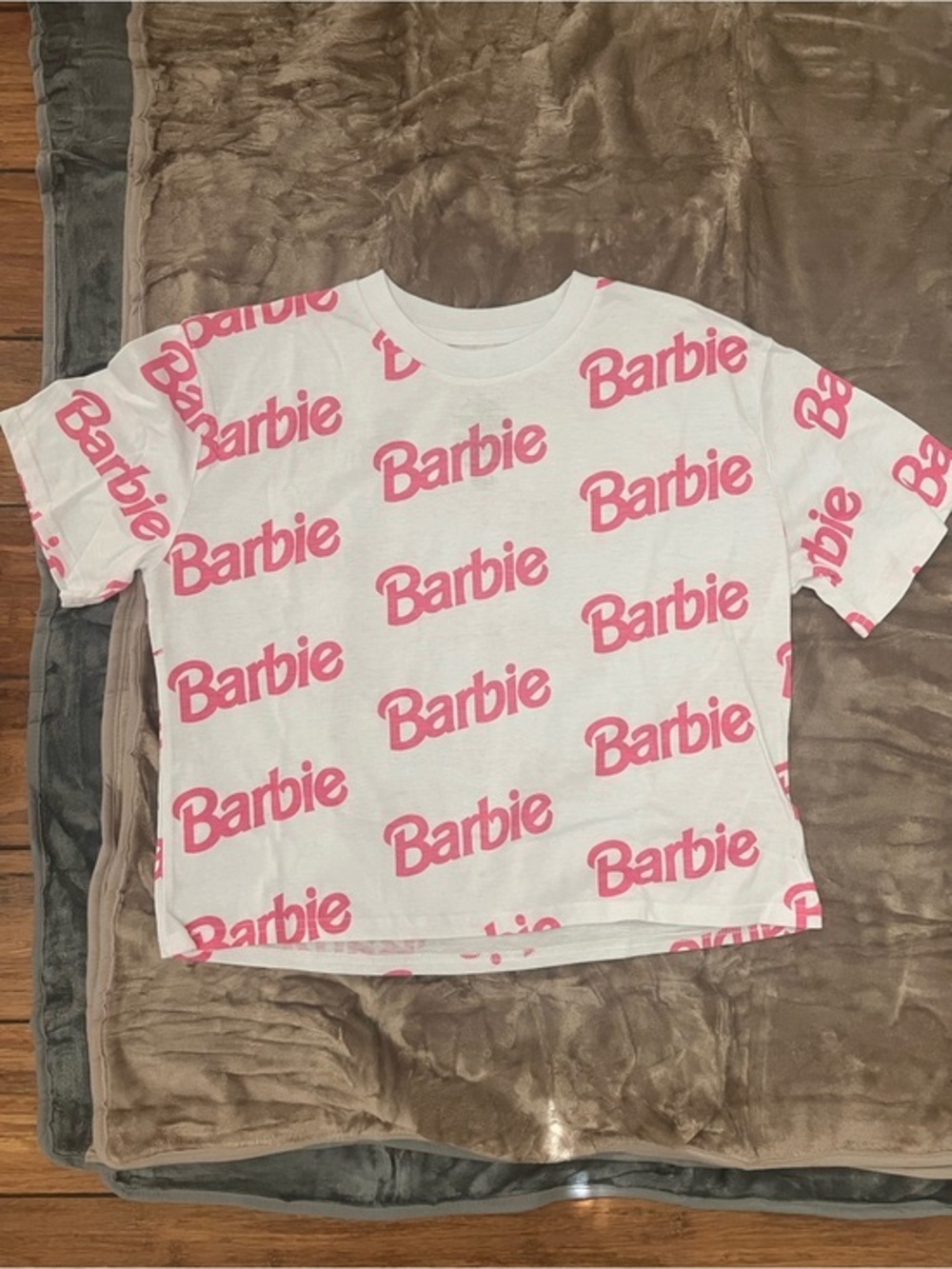 Barbie White Tee with All-Over Pink Logo Print